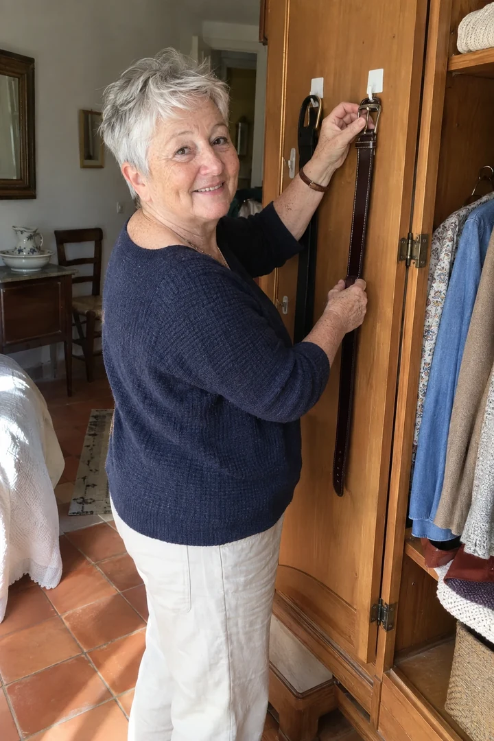 Une femme place une ceinture près d’une autre sur des crochets à l’intérieur d’une porte de dressing.