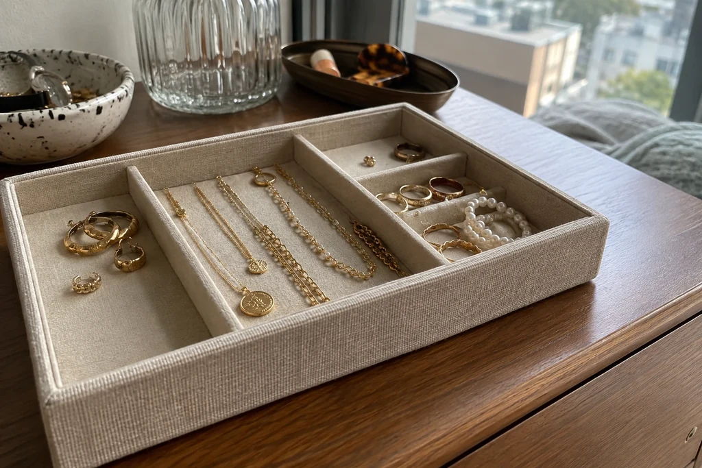 Des bijoux simples sont séparés dans les compartiments d’un petit plateau.
