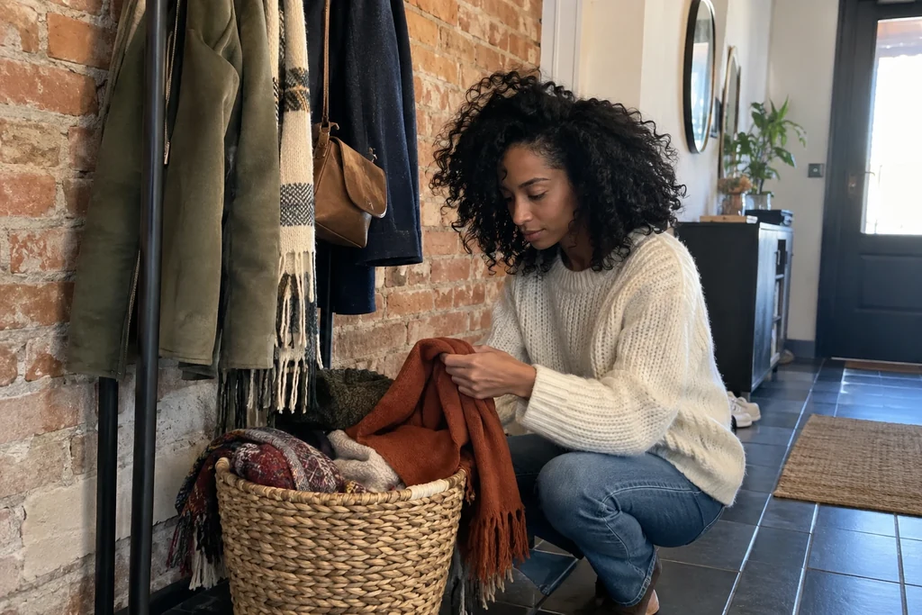 Une femme choisit un foulard dans un panier accessible près d’un porte-manteau dans une petite entrée.