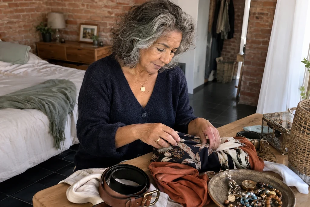 Une femme trie quelques foulards, ceintures et bijoux quotidiens sur une petite table de chambre.
