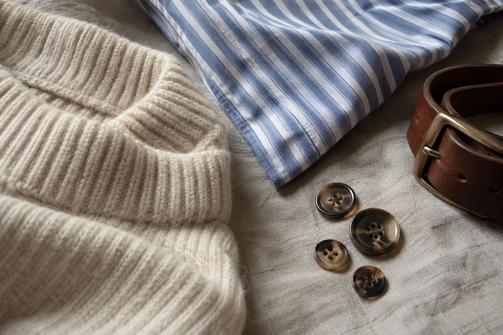 Nature morte de détails de vêtements sur du lin : bord côtelé dense d’un pull, chemise aux rayures parfaitement raccordées, tranche d’une ceinture en cuir et boutons en corne.