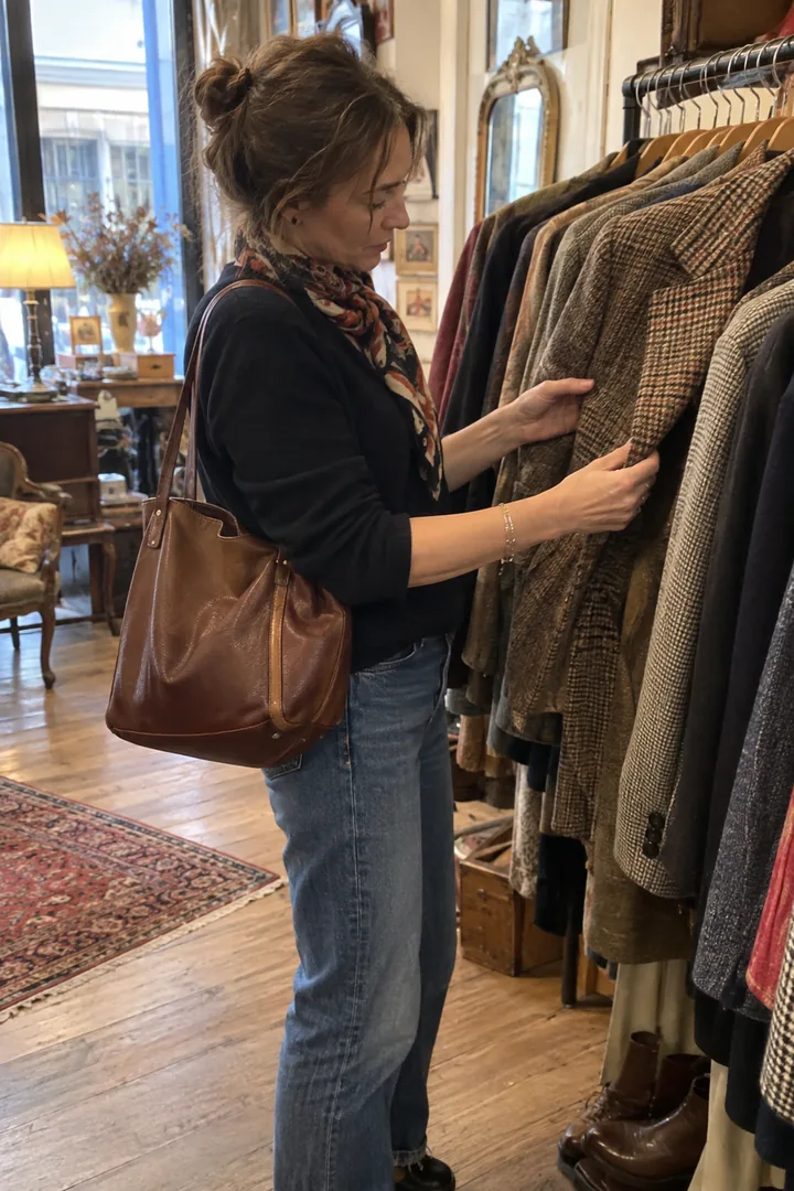Dans une friperie, une femme d’une quarantaine d’années touche les tissus d’un portant et examine le revers d’une veste en tweed.