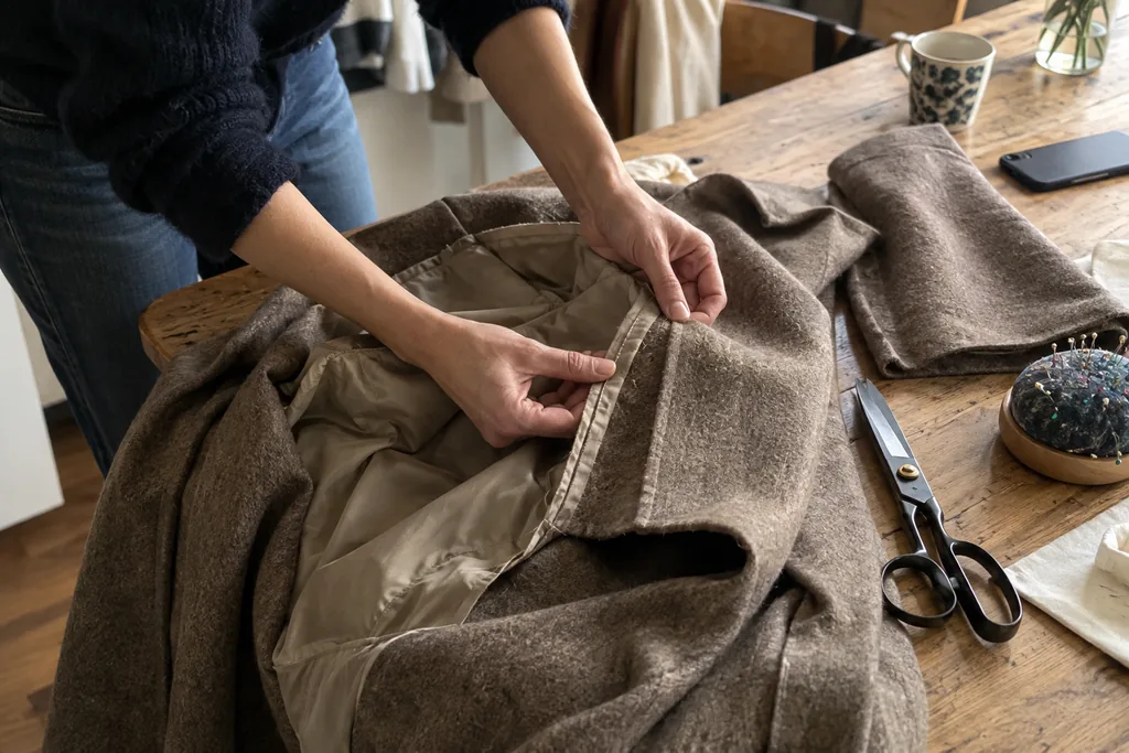 Sur un établi en bois, des mains examinent les coutures intérieures d’un manteau en laine retourné, près d’une paire de ciseaux de tailleur et d’une pelote d’épingles.