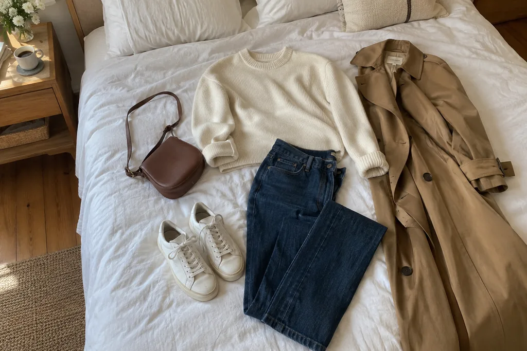 Une tenue simple posée sur un lit blanc : jean brut, pull crème, trench camel, baskets blanches et petit sac en cuir.