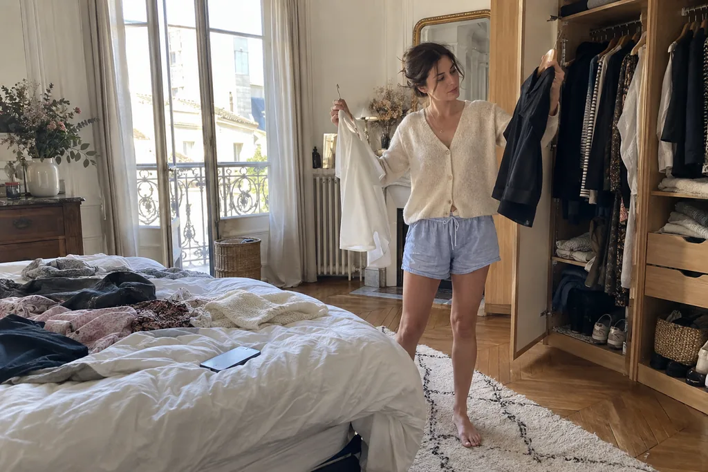 Dans une chambre parisienne lumineuse, une femme hésite devant son armoire ouverte, un haut dans chaque main, des vêtements étalés sur le lit.