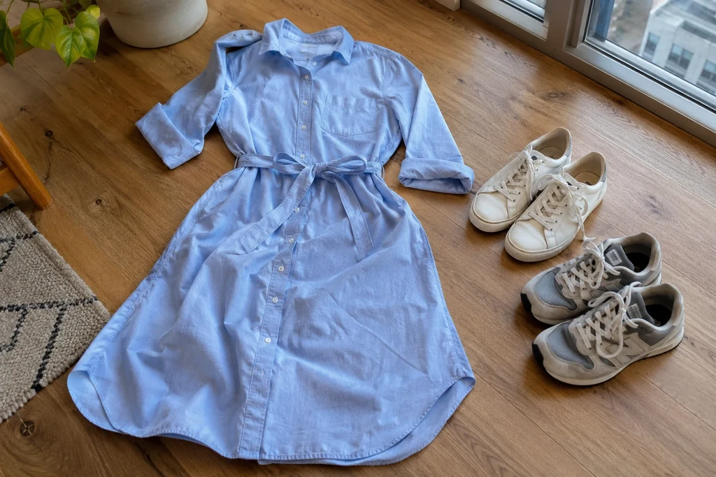 Une robe chemise en coton est posée près de deux paires de baskets de formes différentes.