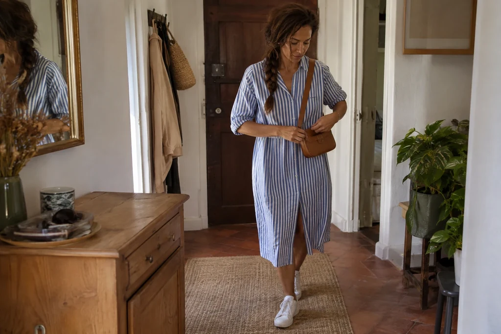 Une femme ajuste une bandoulière sur une robe chemise rayée dans une entrée.