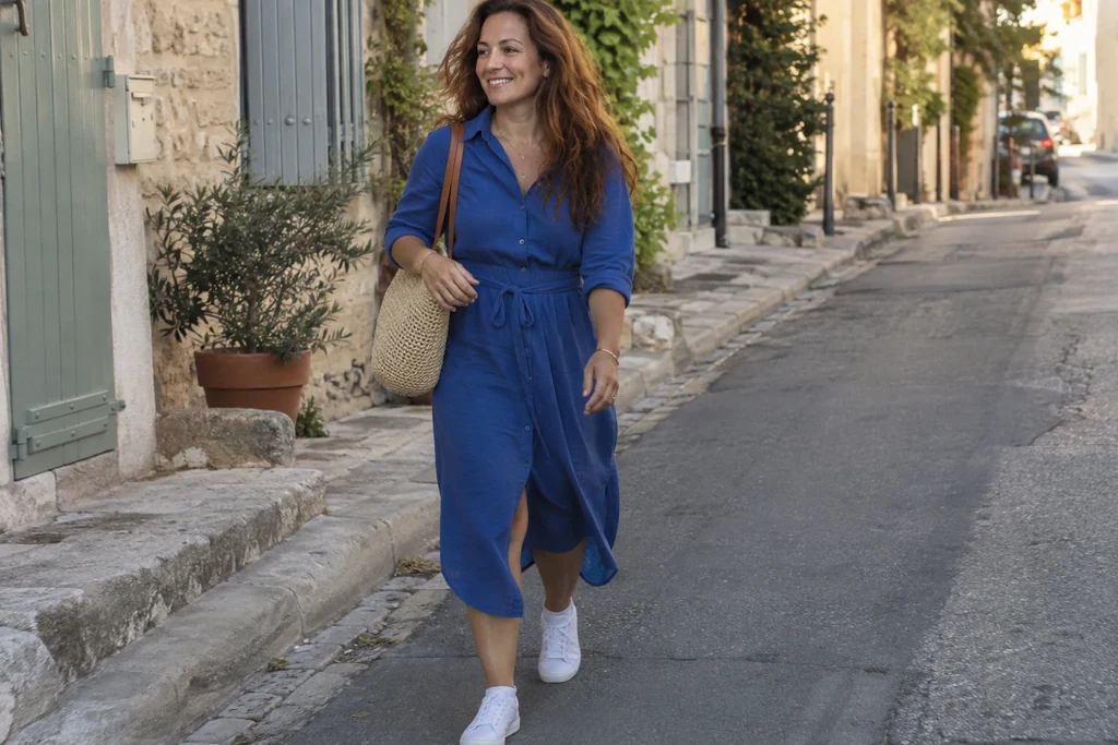 Une femme marche dans une rue résidentielle avec une robe chemise bleue et des baskets blanches.
