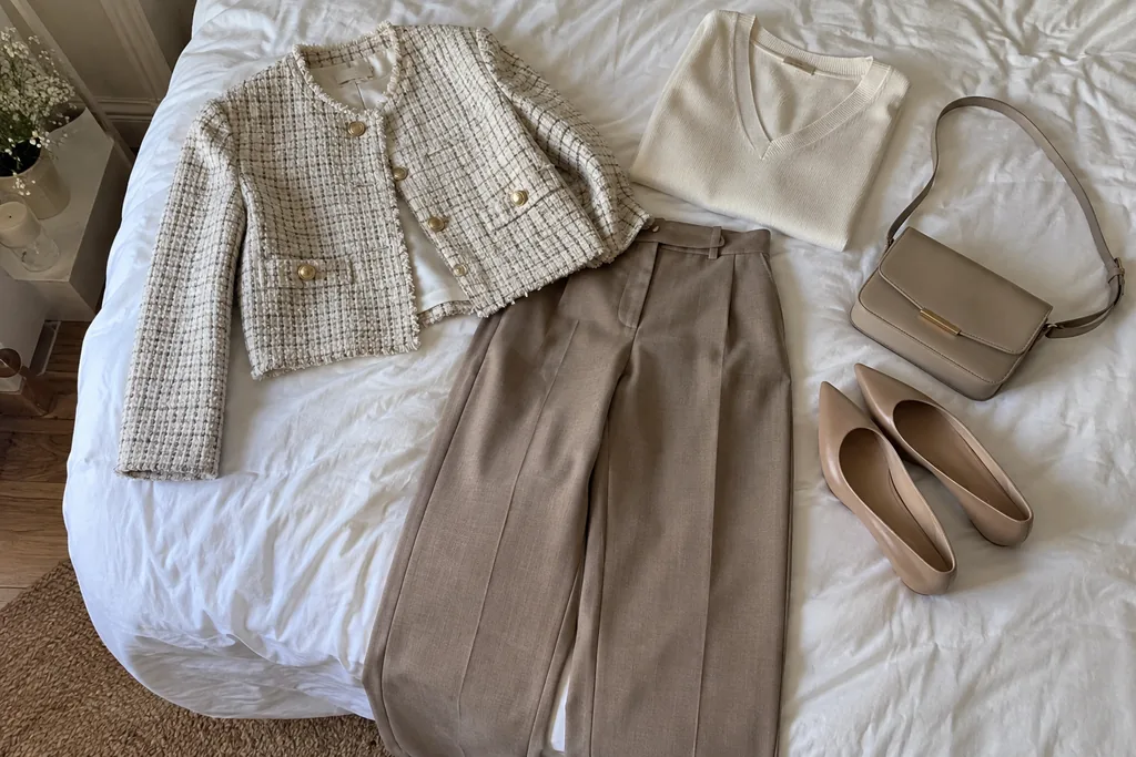 Sur un couvre-lit blanc, une veste courte en tweed, un pantalon droit taille haute, un haut col V, des ballerines pointues et un petit sac à bandoulière.