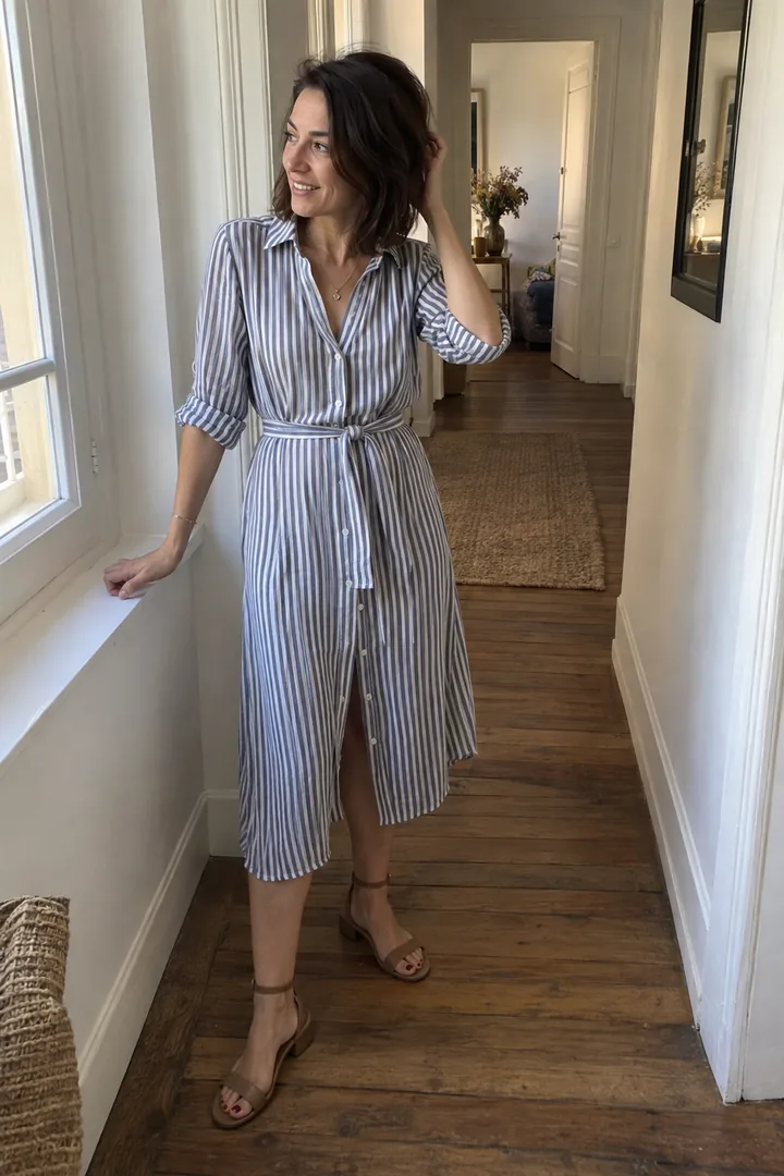Dans un couloir d’appartement, une femme petite porte une robe chemise rayée verticalement, ceinturée, avec des sandales à petit talon.