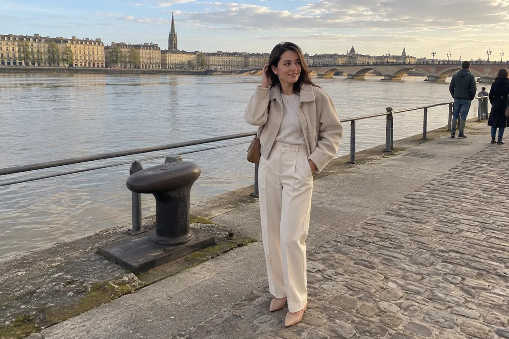 Sur un quai de Bordeaux, une jeune femme petite porte une tenue ton sur ton crème : pantalon taille haute, maille rentrée, veste courte et ballerines pointues nude.