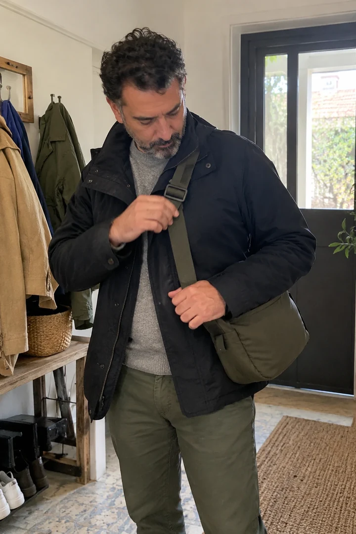 Un homme ajuste la bandoulière d’un sac sur sa veste dans une entrée.