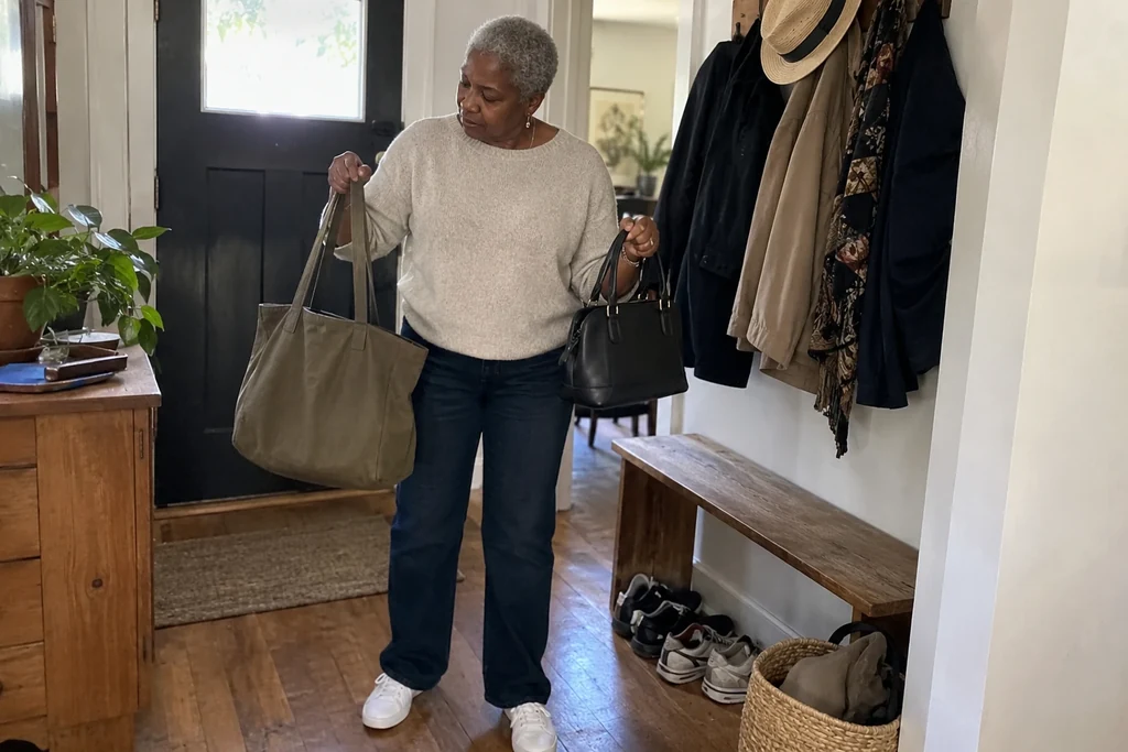 Une femme compare un cabas et un petit sac près d’un porte-manteau.