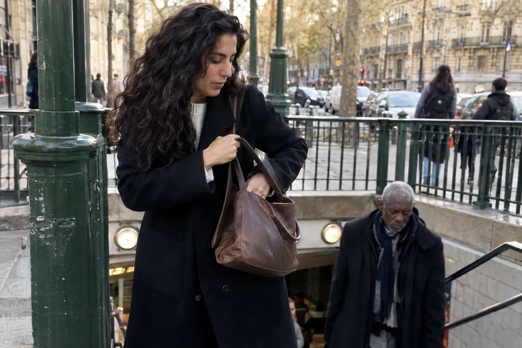 Une femme en manteau sombre tient un sac d’épaule près d’une entrée de métro.