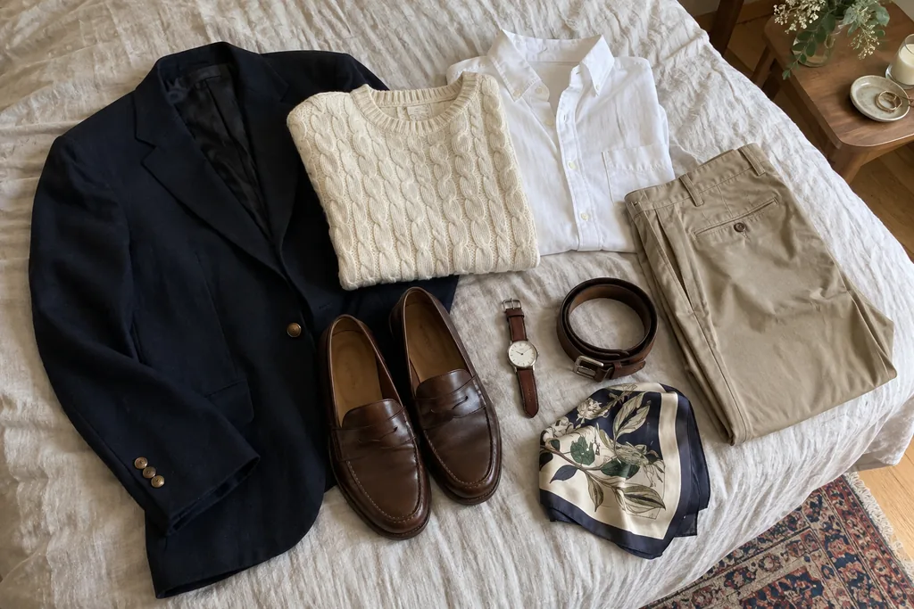 Sur un drap de lin, un blazer marine, un pull torsadé crème, une chemise oxford, un chino beige, des mocassins, un foulard, une ceinture et une montre simple.