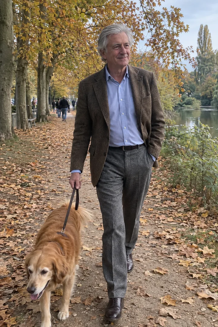 Un homme d’une soixantaine d’années promène son chien dans un parc en automne, en veste de tweed, chemise bleu ciel et pantalon de flanelle gris.