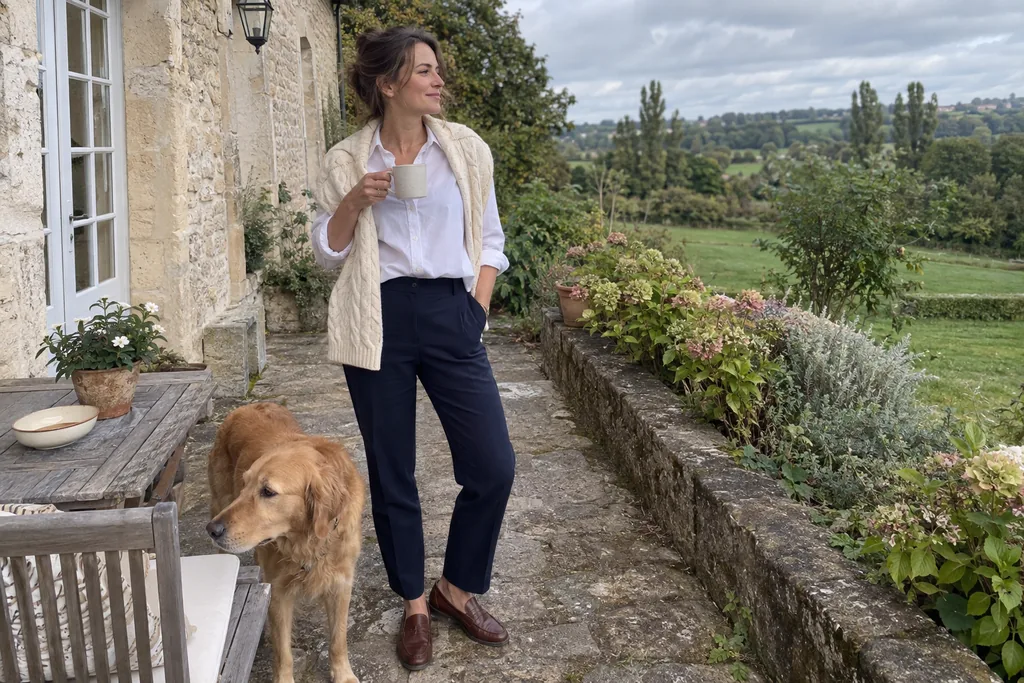 Sur la terrasse d’une maison de pierre en Normandie, une femme en chemise blanche, pull torsadé crème sur les épaules, pantalon marine et mocassins, tient une tasse.
