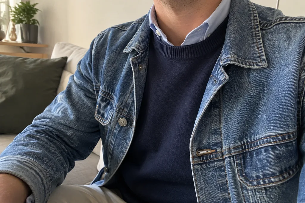 Gros plan sur un buste : un col de chemise bleu ciel dépasse d’un pull marine col rond, sous une veste en jean ouverte.
