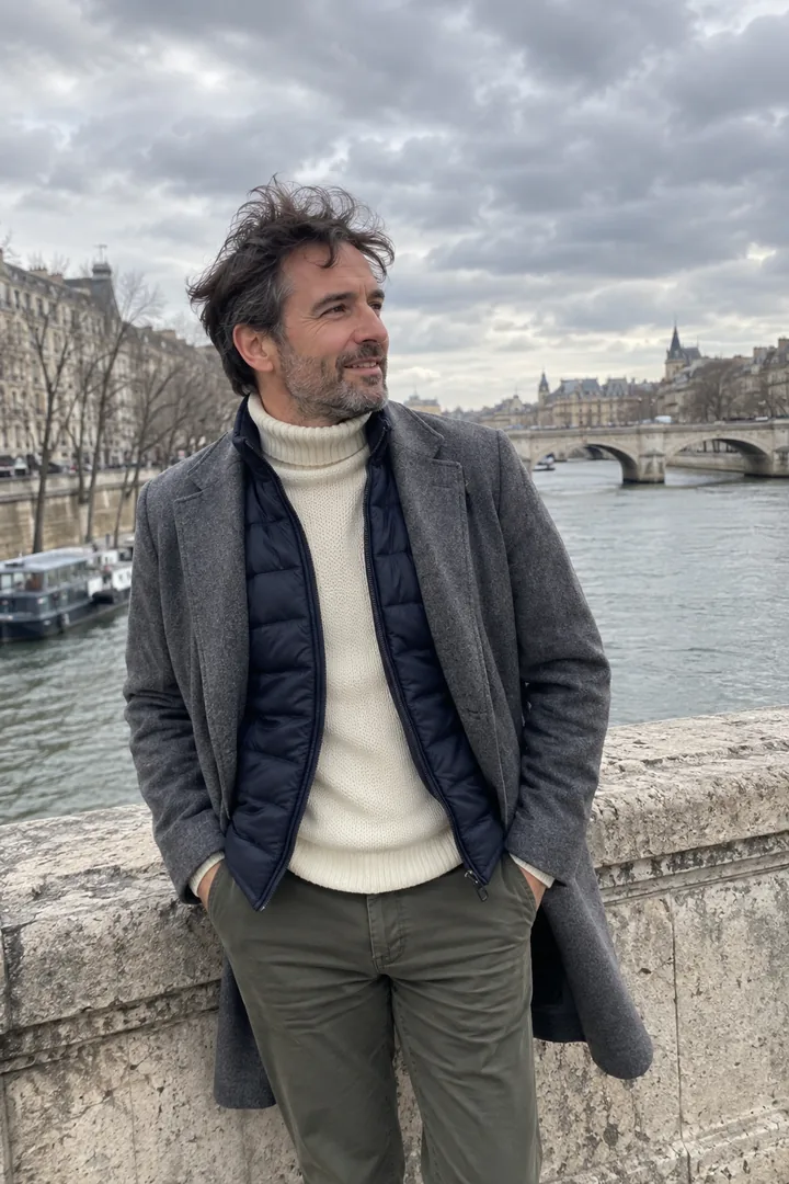 Sur un pont au-dessus de la Seine, un homme porte un col roulé crème, une surchemise olive, une fine doudoune sans manches marine et un long manteau gris ouvert.