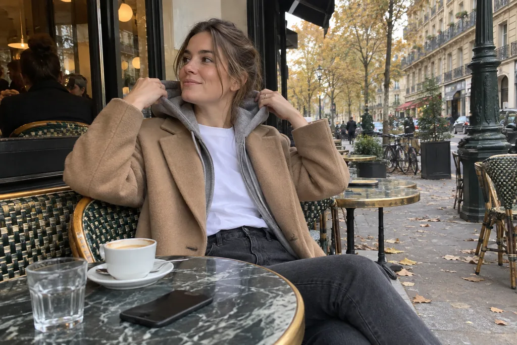 À une terrasse de café parisienne en automne, une jeune femme en t-shirt blanc, sweat à capuche gris et long manteau camel ajuste sa capuche sur le col.