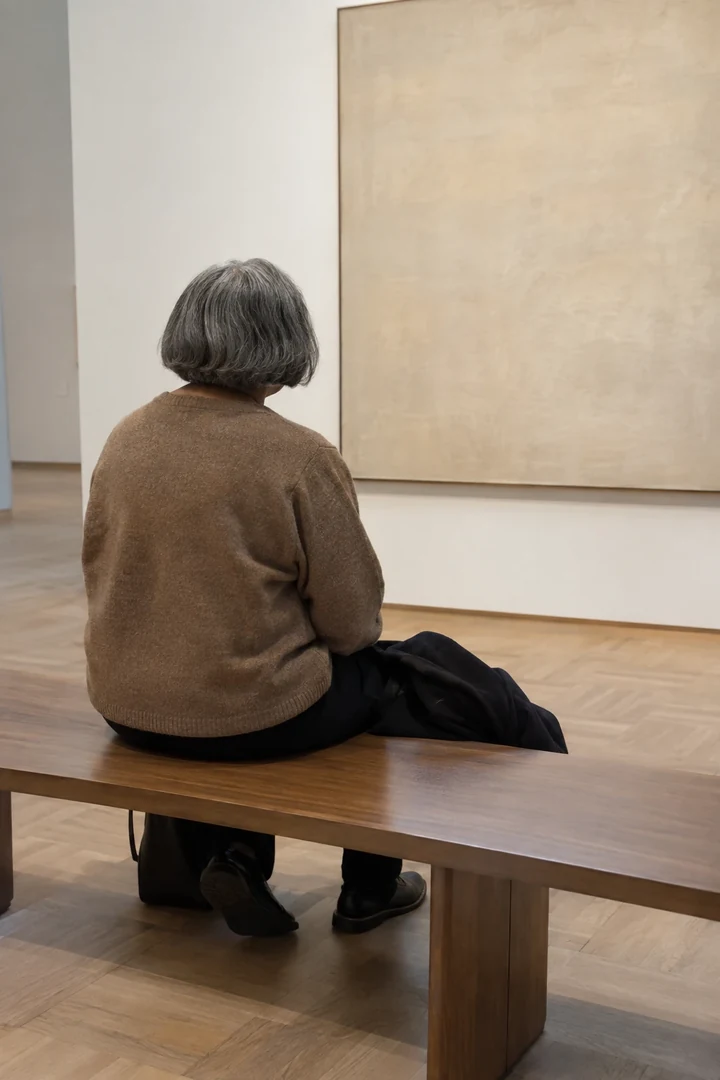 Une personne en pull et pantalon sombre est assise sur un banc de musée face à une œuvre abstraite.