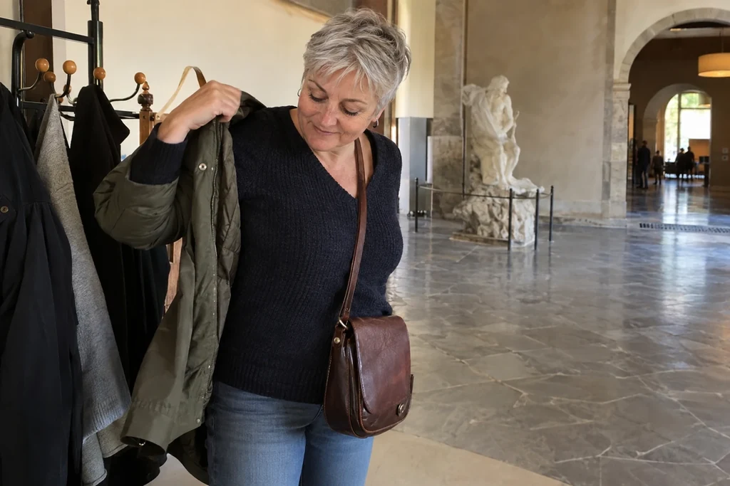 Une femme retire une veste légère près d’un portant dans un lieu culturel.