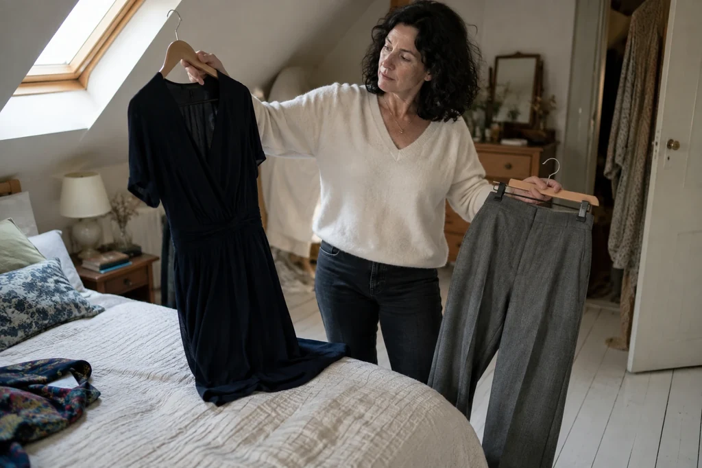 Une femme compare une robe unie et un pantalon sur cintres dans une chambre ordinaire.