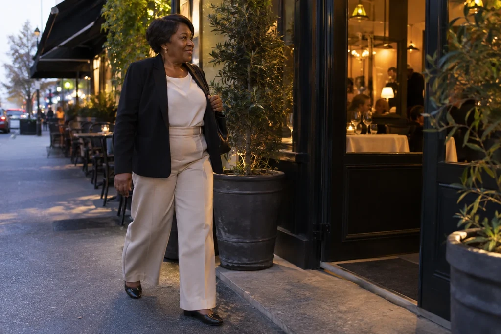 Une femme en tenue sobre avec pantalon et chaussures basses arrive devant un restaurant à la tombée du jour.