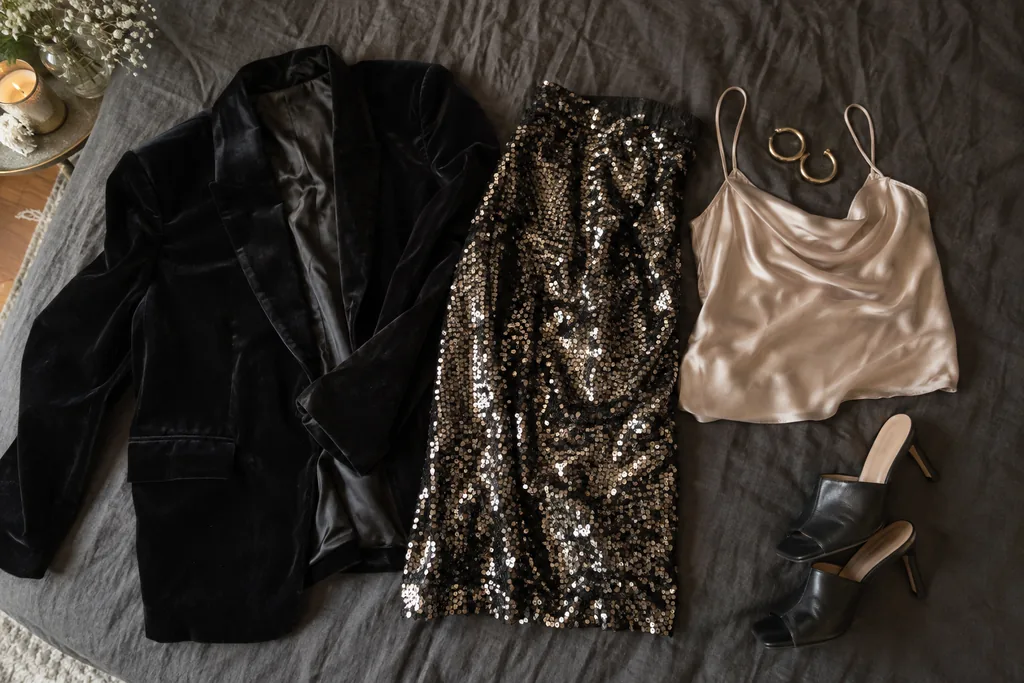 Sur un drap de lin sombre, un blazer en velours noir, une jupe à sequins, un caraco en soie, des créoles dorées et des mules noires à talon.