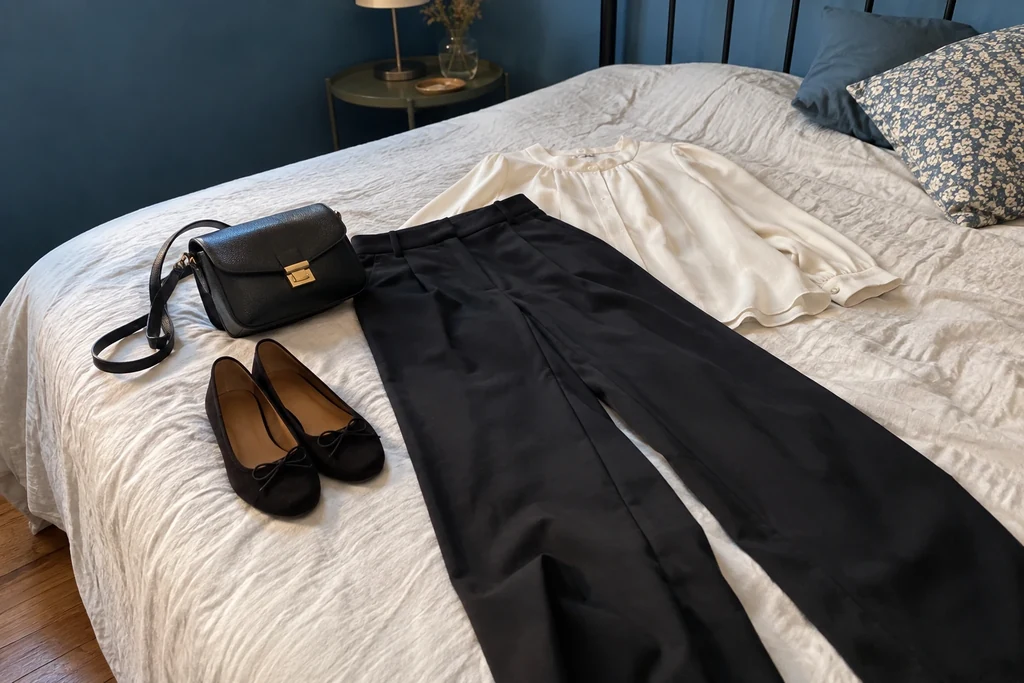 Un pantalon sombre, un haut simple, des chaussures basses et un petit sac sont préparés sur un lit.