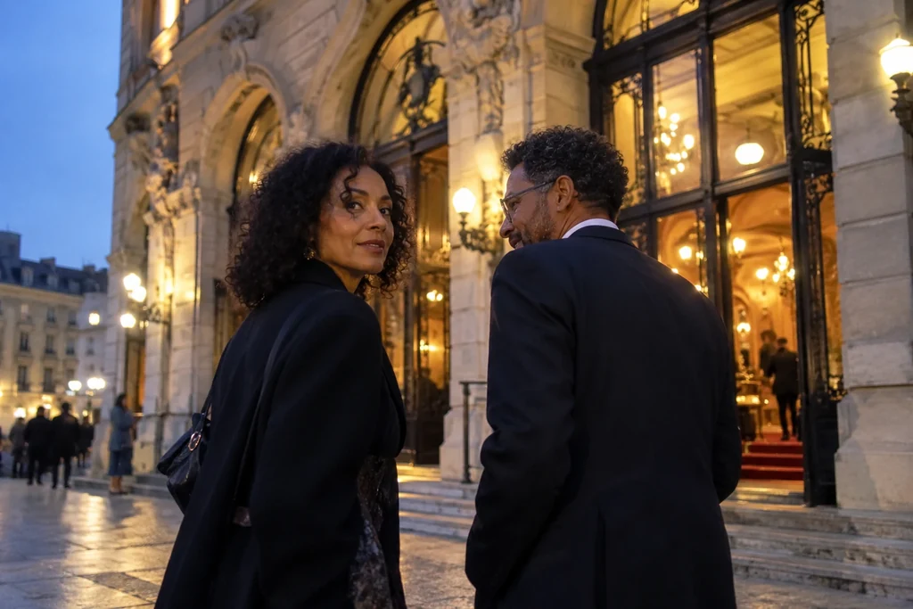 Deux adultes en tenues de soirée sobres approchent de l’entrée d’un théâtre à la tombée du jour.