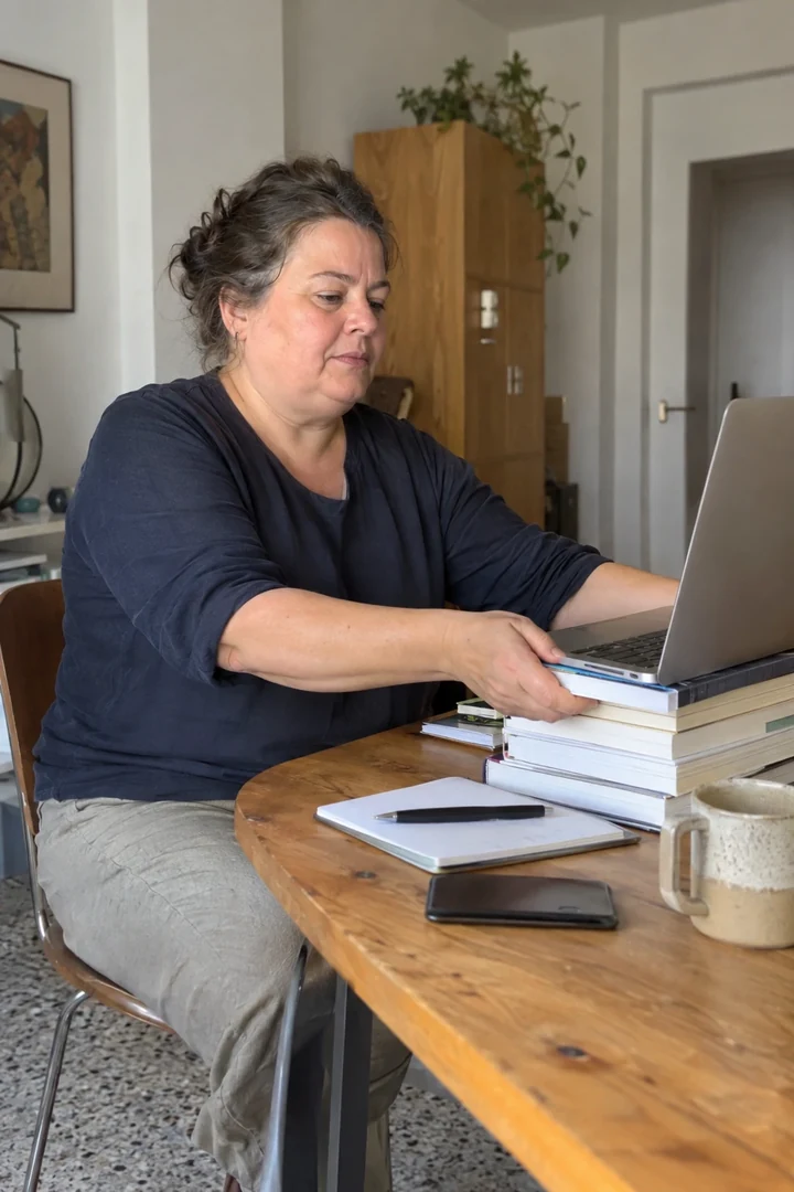 Une femme ajuste un ordinateur posé sur une pile de livres dans une pièce simple.