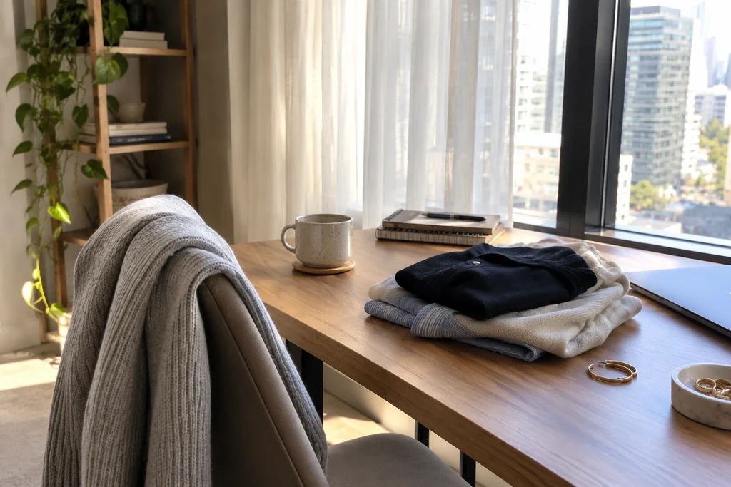 Un pull est posé sur une chaise près d’un bureau et d’une fenêtre à lumière tamisée par un rideau.