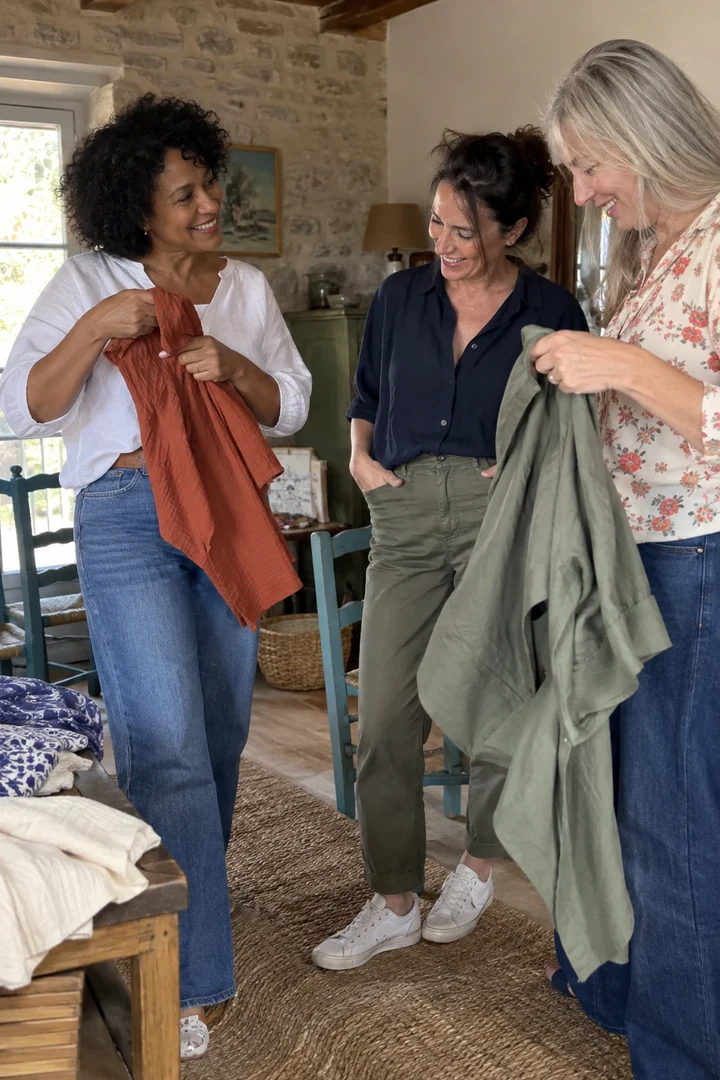 Trois amis adultes comparent des vêtements dans un salon habité.