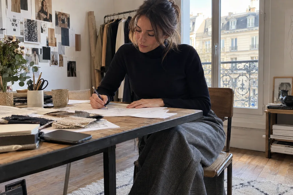 Dans un studio de création, une femme en col roulé noir et pantalon large gris dessine sur une grande table.
