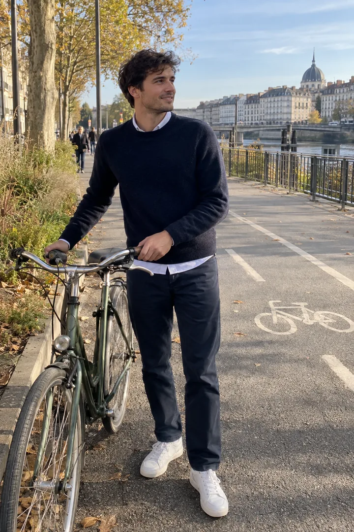 Sur une piste cyclable à Nantes, un jeune homme en chemise oxford blanche, pull marine, chino marine et baskets blanches pose à côté de son vélo.