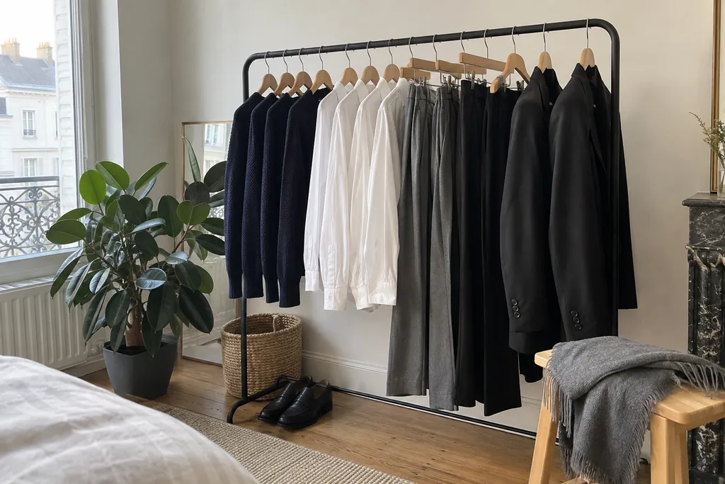 Dans un appartement lumineux et minimaliste, un portant présente une garde-robe très cohérente : pulls marine, chemises blanches, pantalons gris et noirs et deux blazers noirs sur des cintres en bois identiques.
