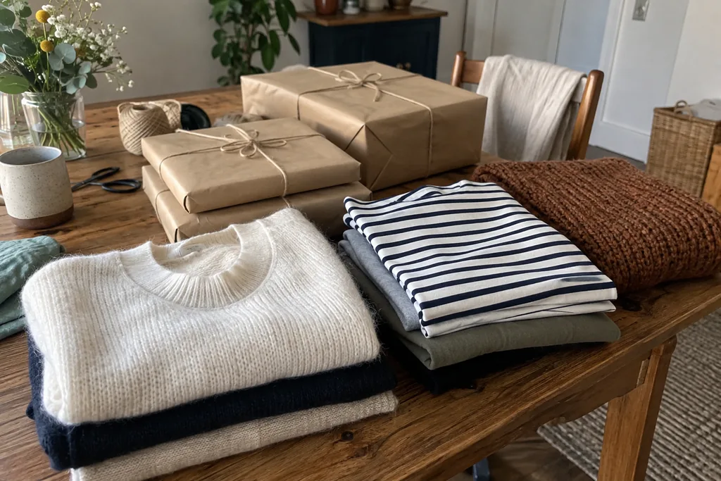 Sur une table en bois, des vêtements soigneusement pliés, dont une marinière et des pulls, à côté de colis en papier kraft ficelés.