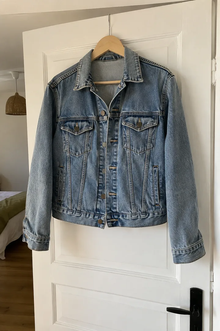 Une veste en jean délavé suspendue à un cintre en bois sur une porte blanche, en lumière naturelle douce.
