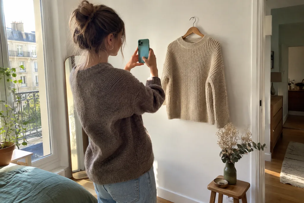 Dans un appartement lumineux, une jeune femme photographie avec son téléphone un pull en maille suspendu à un cintre en bois contre un mur blanc, près d’une fenêtre.