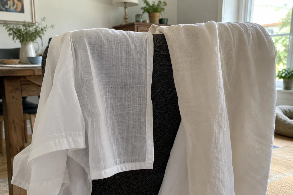 Plusieurs épaisseurs de tissu blanc et écru sont posées devant le dossier sombre d’une chaise.